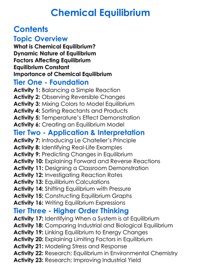 Chemical Equilibrium Worksheet Activity Booklet