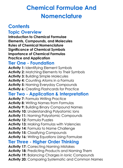 Chemical Formulae And Nomenclature Worksheet Activity Booklet