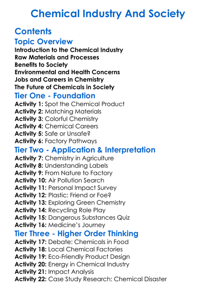 Chemical Industry And Society Worksheet Activity Booklet