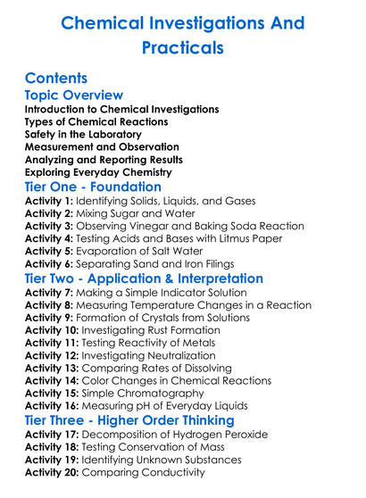 Chemical Investigations And Practicals Worksheet Activity Booklet