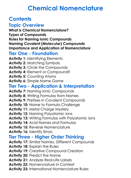 Chemical Nomenclature Worksheet Activity Booklet