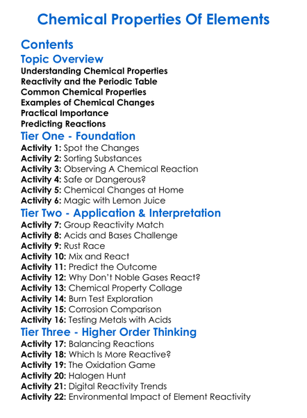 Chemical Properties Of Elements Worksheet Activity Booklet