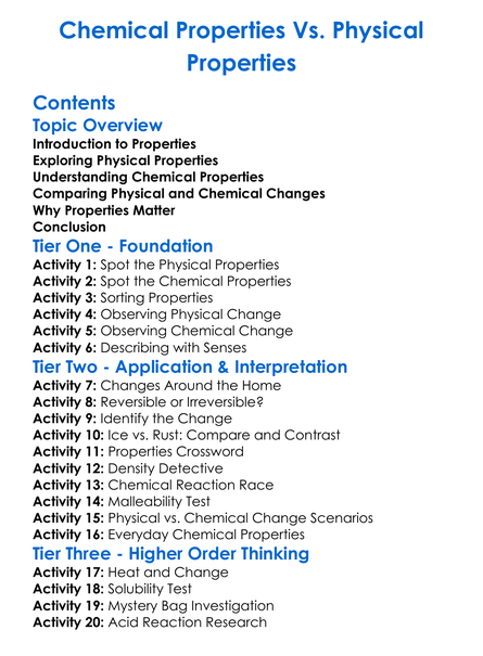 Chemical Properties Vs Physical Properties Worksheet Activity Booklet