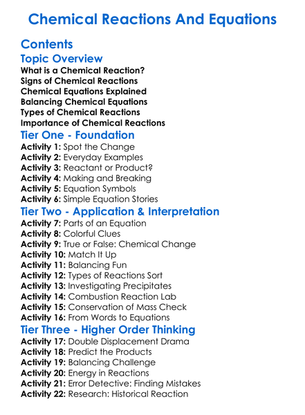 Chemical Reactions And Equations Worksheet Activity Booklet
