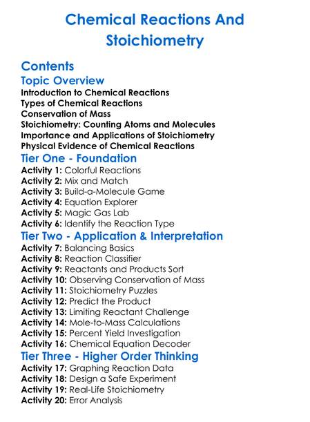 Chemical Reactions And Stoichiometry Worksheet Activity Booklet