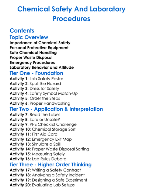 Chemical Safety And Laboratory Procedures Worksheet Activity Booklet