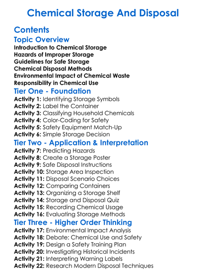 Chemical Storage And Disposal Worksheet Activity Booklet