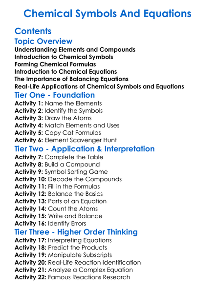 Chemical Symbols And Equations Worksheet Activity Booklet