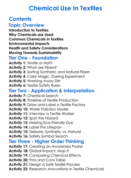 Chemical Use In Textiles Worksheet Activity Booklet
