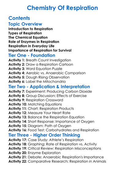 Chemistry Of Respiration Worksheet Activity Booklet