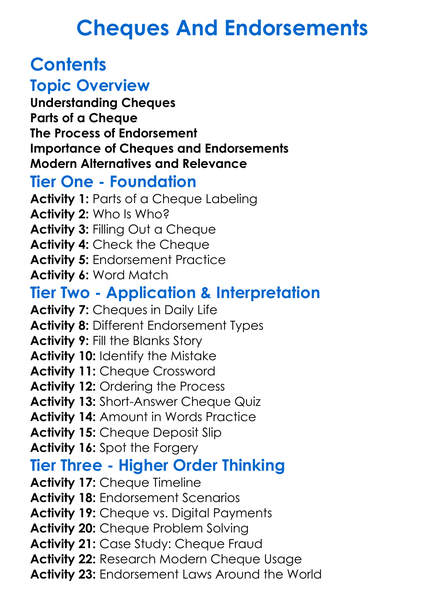 Cheques And Endorsements Worksheet Activity Booklet