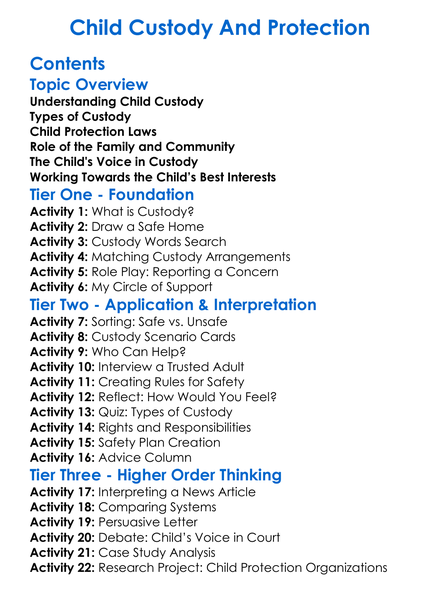 Child Custody And Protection Worksheet Activity Booklet