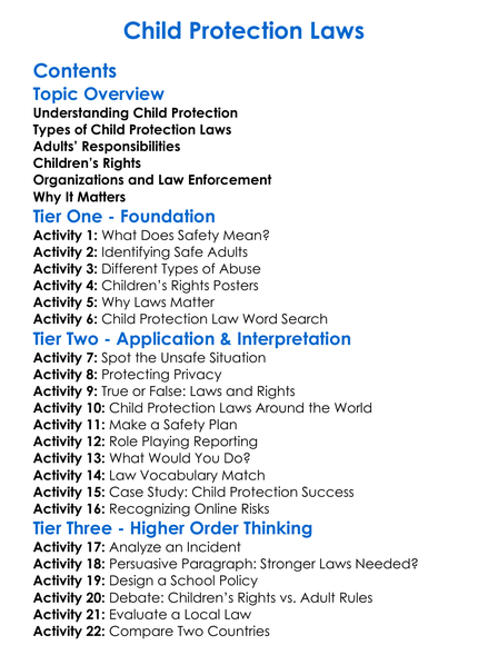 Child Protection Laws Worksheet Activity Booklet