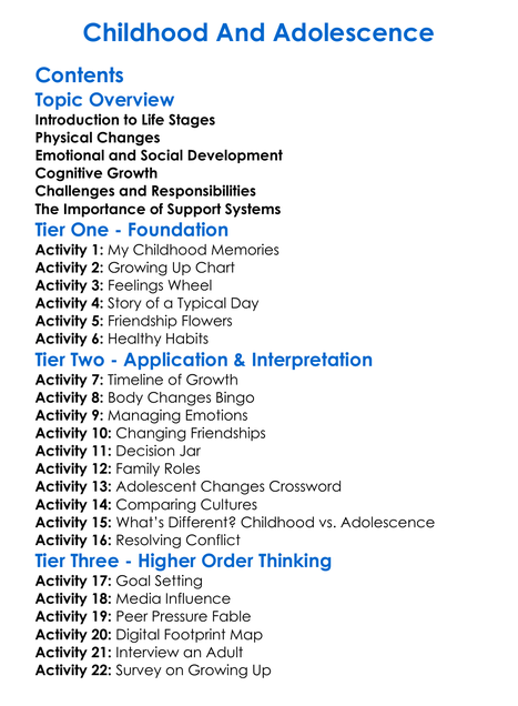 Childhood And Adolescence Worksheet Activity Booklet