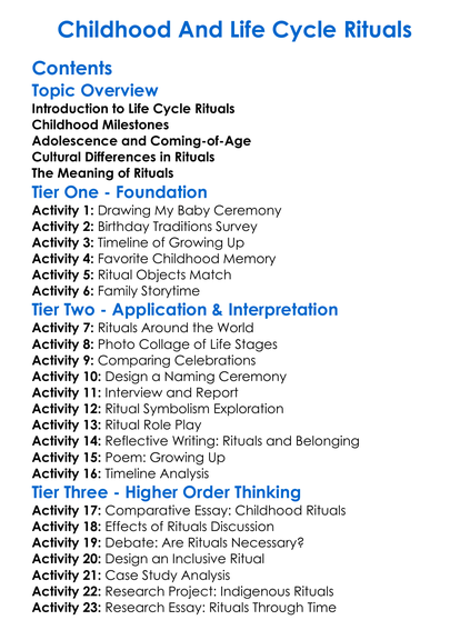 Childhood And Life Cycle Rituals Worksheet Activity Booklet