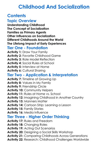 Childhood And Socialization Worksheet Activity Booklet