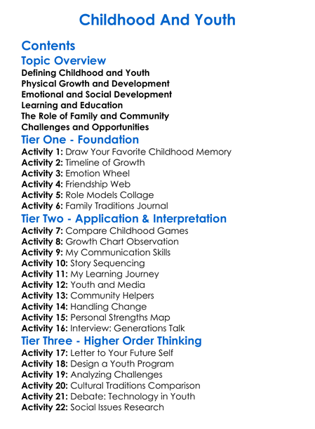 Childhood And Youth Worksheet Activity Booklet