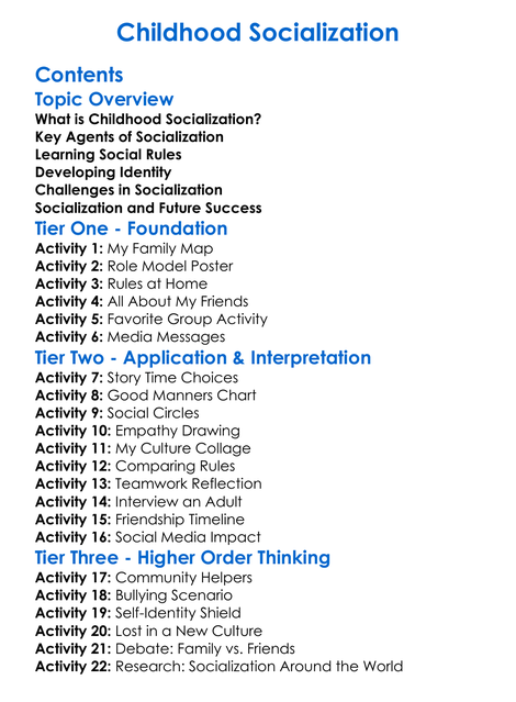 Childhood Socialization Worksheet Activity Booklet