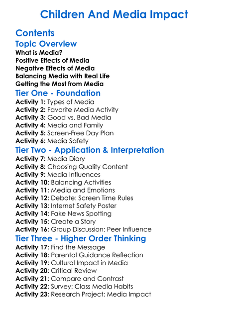 Children And Media Impact Worksheet Activity Booklet