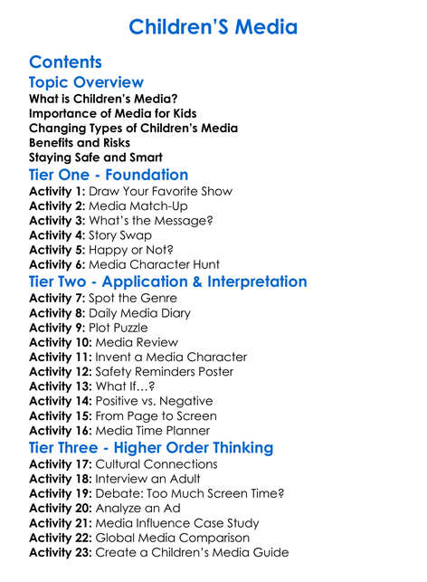 Childrens Media Worksheet Activity Booklet