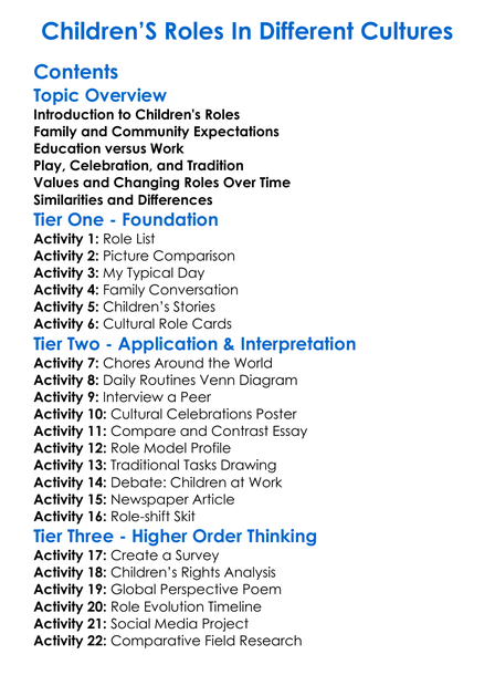 Childrens Roles In Different Cultures Worksheet Activity Booklet