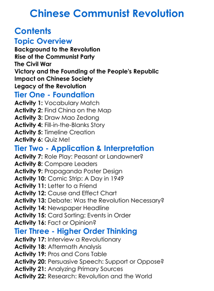 Chinese Communist Revolution Worksheet Activity Booklet