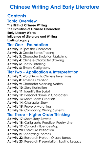 Chinese Writing And Early Literature Worksheet Activity Booklet