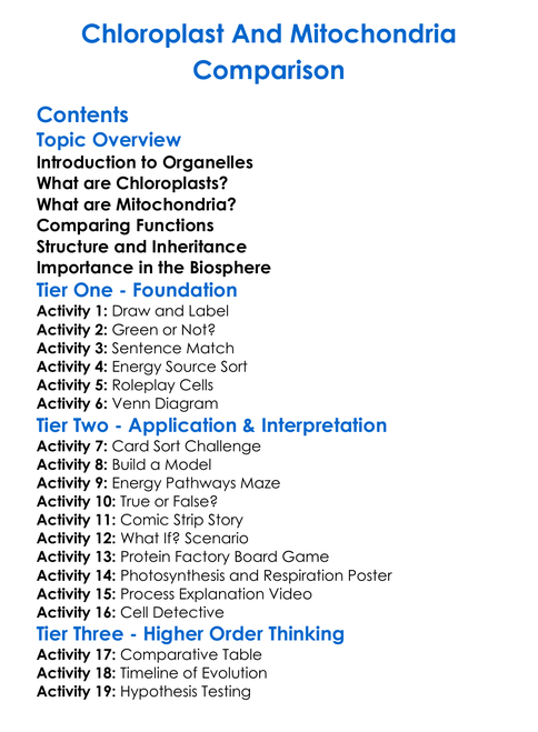 Chloroplast And Mitochondria Comparison Worksheet Activity Booklet