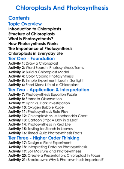 Chloroplasts And Photosynthesis Worksheet Activity Booklet