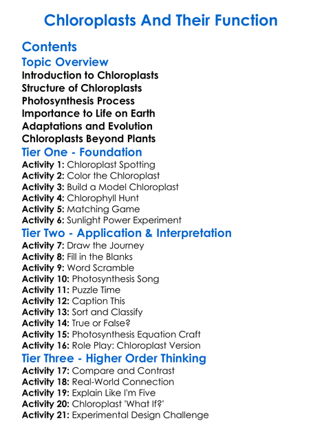 Chloroplasts And Their Function Worksheet Activity Booklet