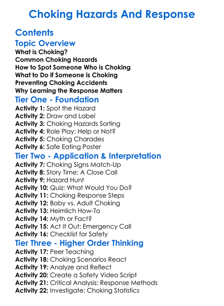 Choking Hazards And Response Worksheet Activity Booklet