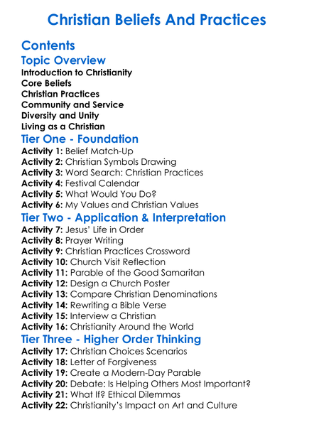 Christian Beliefs And Practices Worksheet Activity Booklet