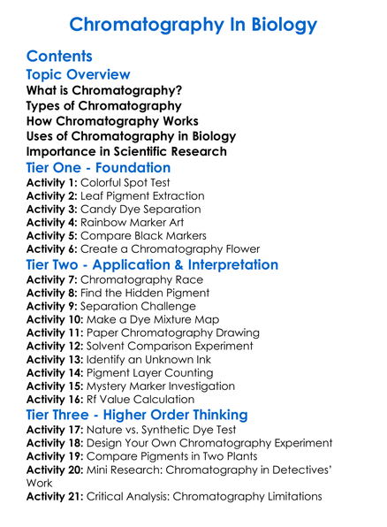 Chromatography In Biology Worksheet Activity Booklet