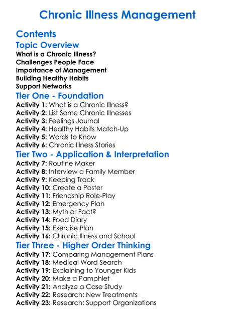 Chronic Illness Management Worksheet Activity Booklet