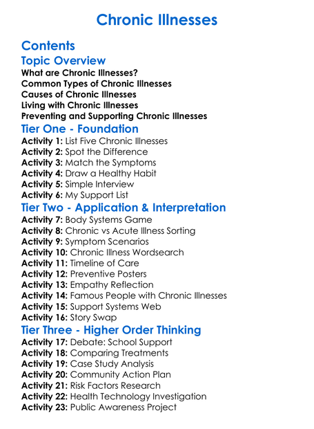 Chronic Illnesses Worksheet Activity Booklet