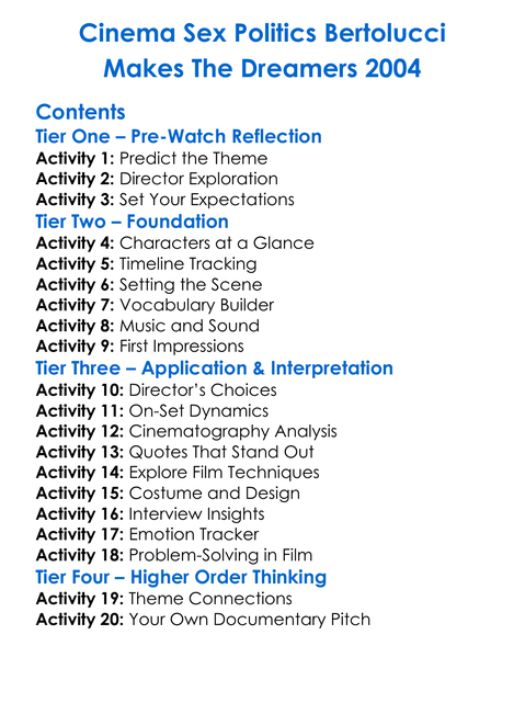 Cinema Sex Politics Bertolucci Makes The Dreamers 2004 Worksheet Activity Booklet