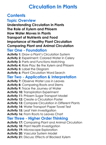 Circulation In Plants Worksheet Activity Booklet