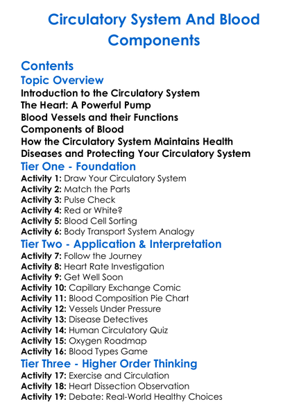 Circulatory System And Blood Components Worksheet Activity Booklet