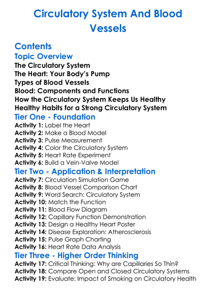 Circulatory System And Blood Vessels Worksheet Activity Booklet