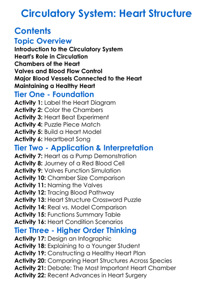 Circulatory System Heart Structure Worksheet Activity Booklet