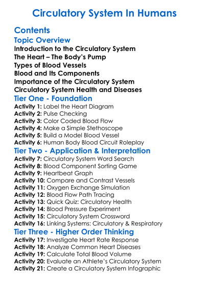 Circulatory System In Humans Worksheet Activity Booklet