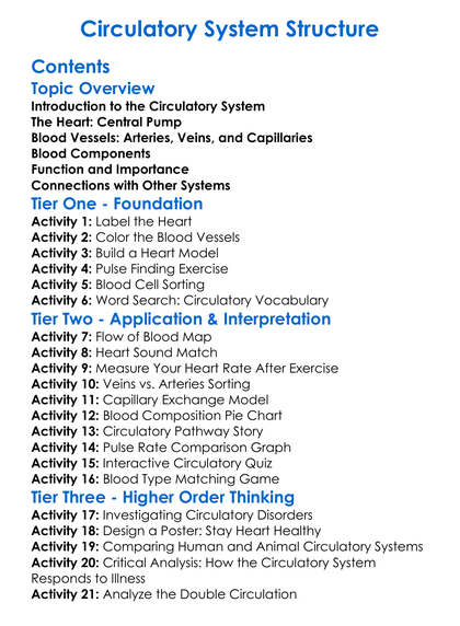 Circulatory System Structure Worksheet Activity Booklet
