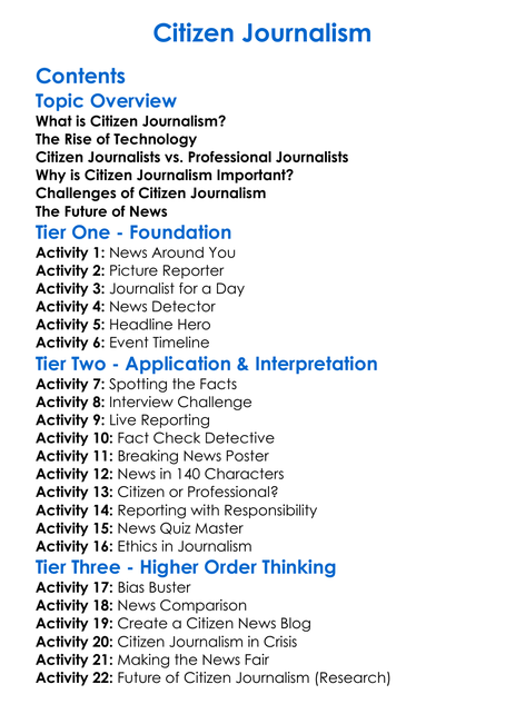 Citizen Journalism Worksheet Activity Booklet