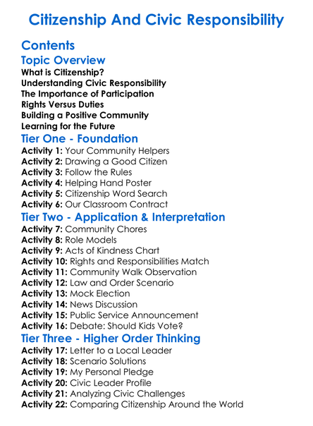 Citizenship And Civic Responsibility Worksheet Activity Booklet