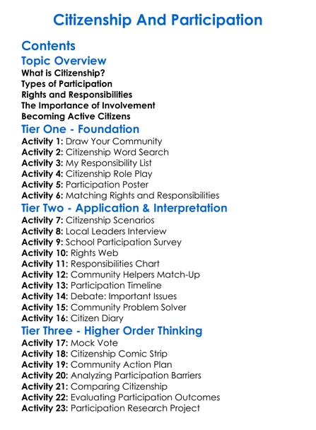 Citizenship And Participation Worksheet Activity Booklet