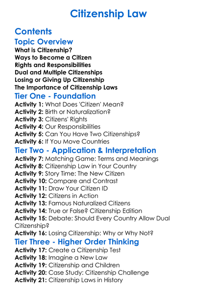 Citizenship Law Worksheet Activity Booklet