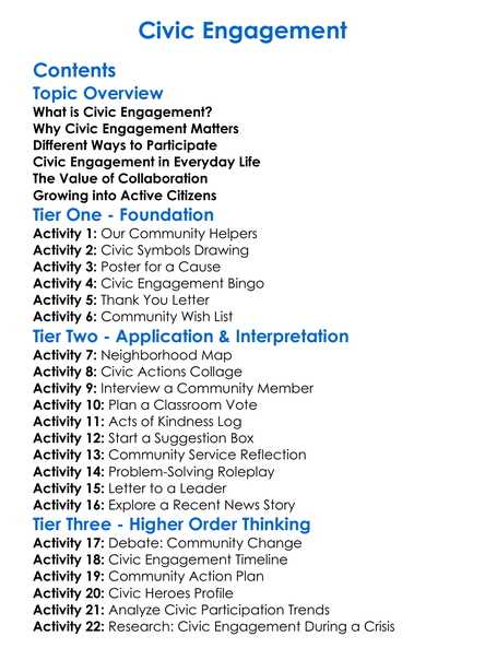 Civic Engagement Worksheet Activity Booklet