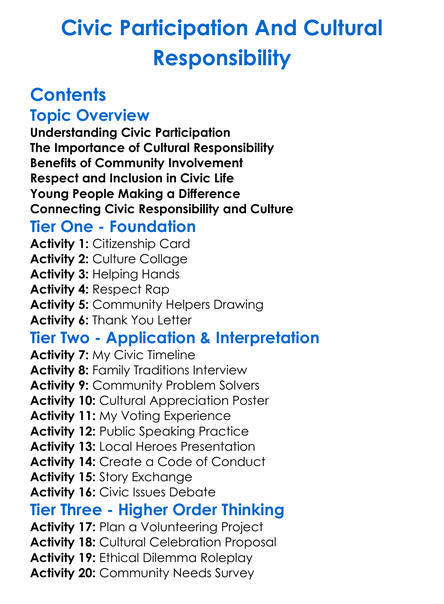 Civic Participation And Cultural Responsibility Worksheet Activity Booklet