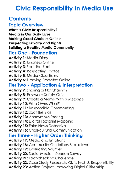 Civic Responsibility In Media Use Worksheet Activity Booklet
