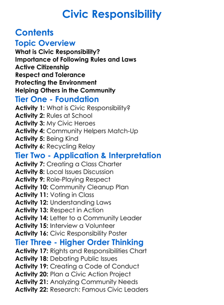 Civic Responsibility Worksheet Activity Booklet